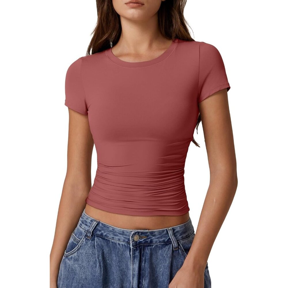 Women's Crop Tops Red Short Sleeve Classic Y2K Round Neck Side Ruched Pleated
